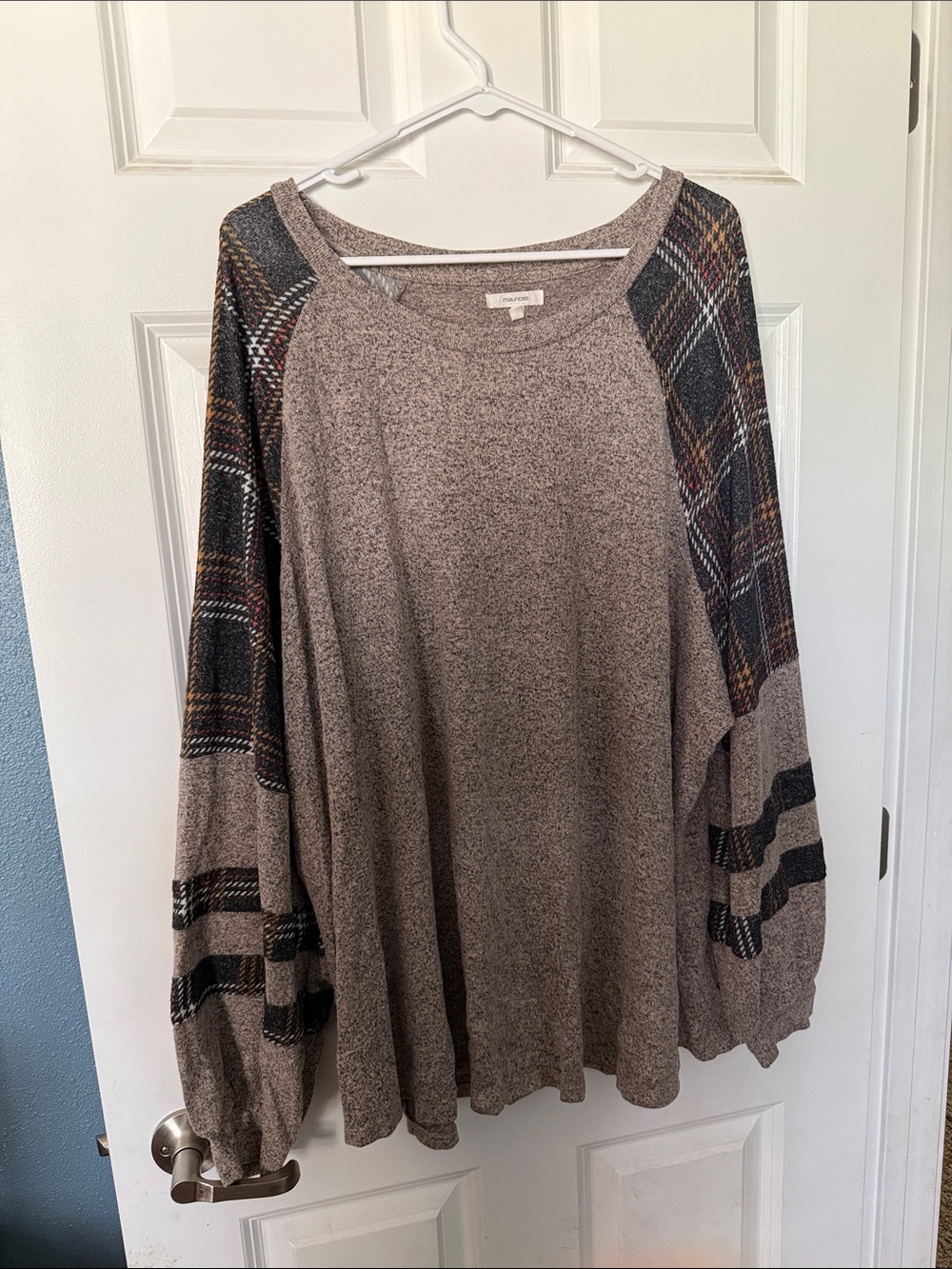 Maurices Taupe Heathered Knit Pullover with Plaid Sleeve Accent